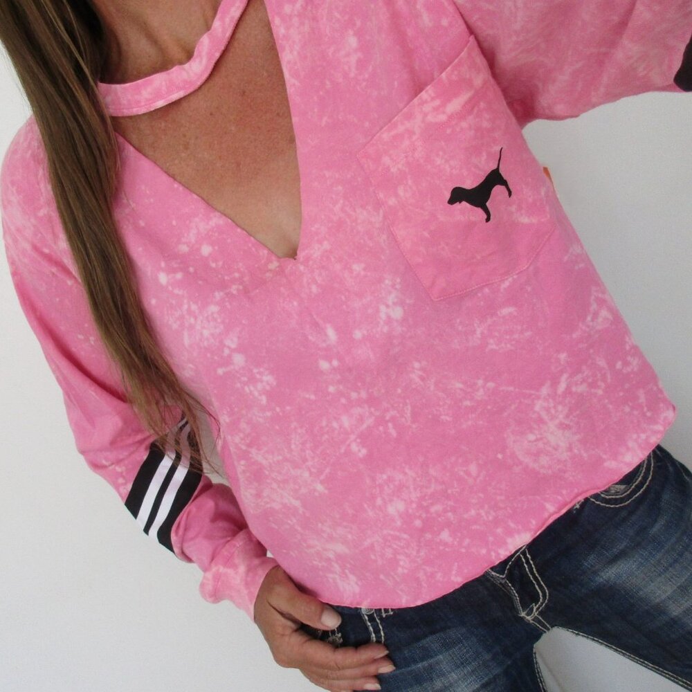 New PINK Victorias Secret T-Shirt Size Large Pink Long Sleeve Pocket Tee